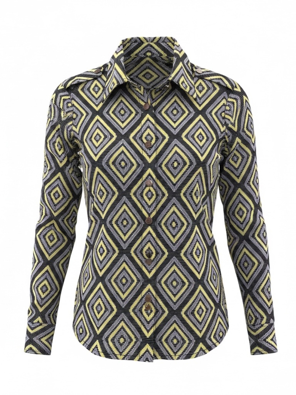 Tory Burch Size 6 Yellow and Black Geometric Button-Up Blouse Preppy